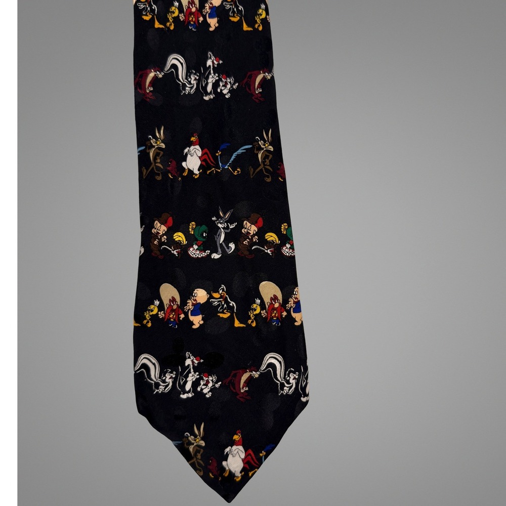Looney Tunes Necktie OS Mens 1993 Vintage Silk Character Print Black